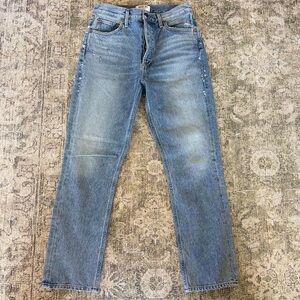 Agolde Riley High Rise Straight Leg Denim Jeans Endeavor Distressed Light Blue